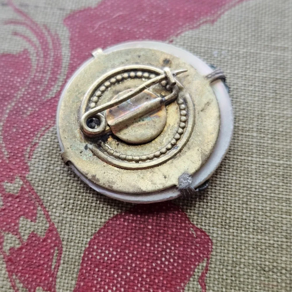 Antique Victorian Mother of Pearl Fleur De Lis Brooch Brass Circle Round Pin